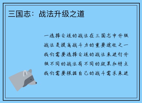 三国志：战法升级之道